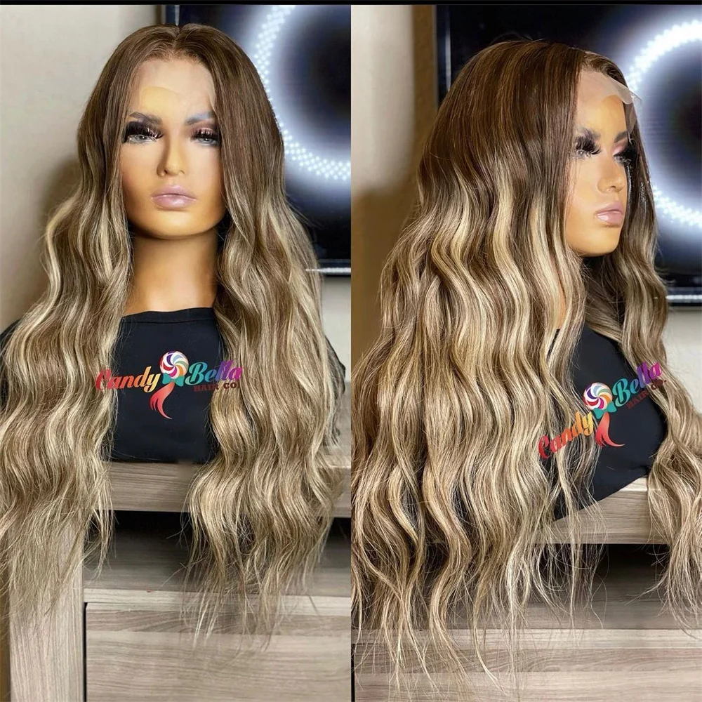

30-дюймовый парик с кружевной передней частью 13x4 для женщин, синтетический, термостойкий, без клея, с темными корнями, длинный волнистый, цвет: коричневый с мелированием и оттенками пепельного блонда