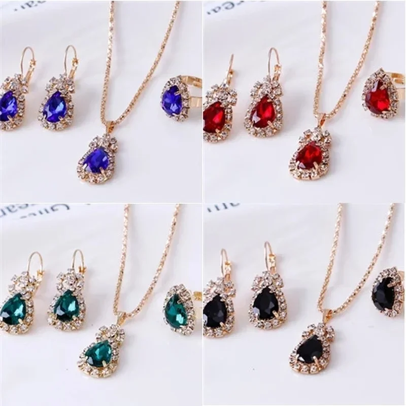New European and American Personality Water Drop Diamond Necklace Earring Ring Set Suitable for Women's Wedding Jewelry Set