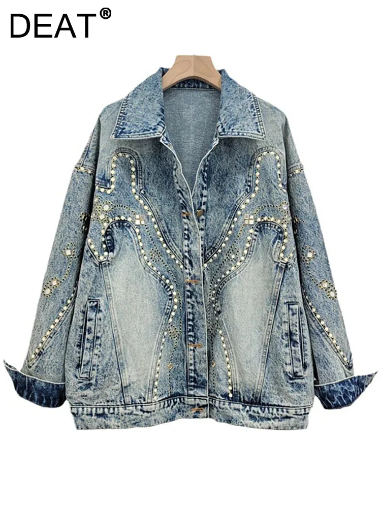 

DEAT Women's Denim Coat Embroidered Flares Washed Retro Blue Loose Cool Single Breasted Jackets 2024 Spring New Fashion 29L7651