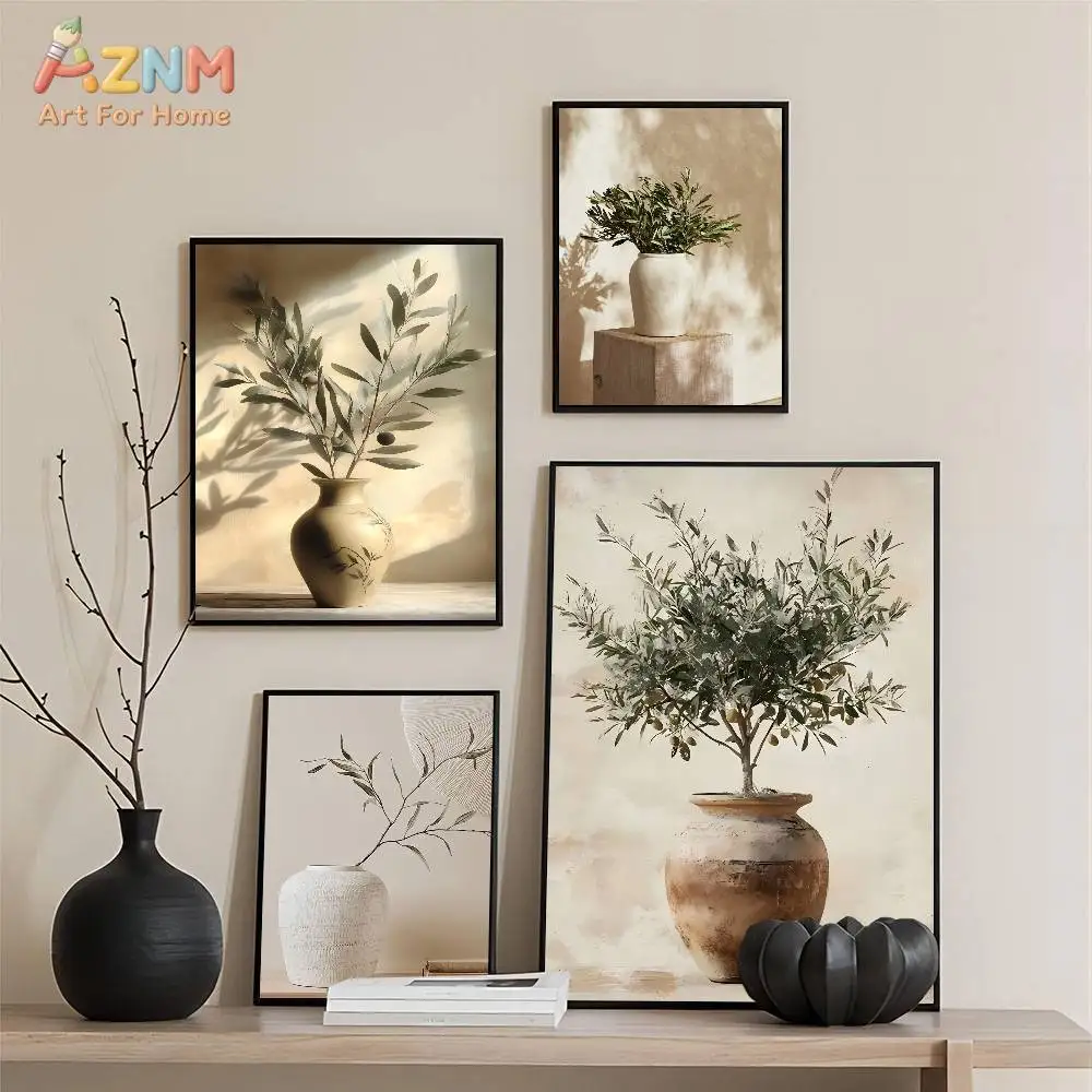 AZNM Neutral Beige Olive Branch Vase Canvas Wall Art Print, Minimalist Botanical Still Life Poster for Living Room Bedroom Home