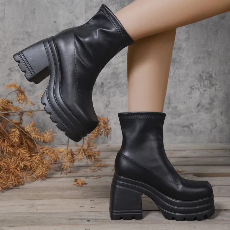 

2025 New Fashionable Short Boots for Women,square Toe Waterproof Platform,high Heels,thick Soled Women's Boots 35-43 Botas Mujer