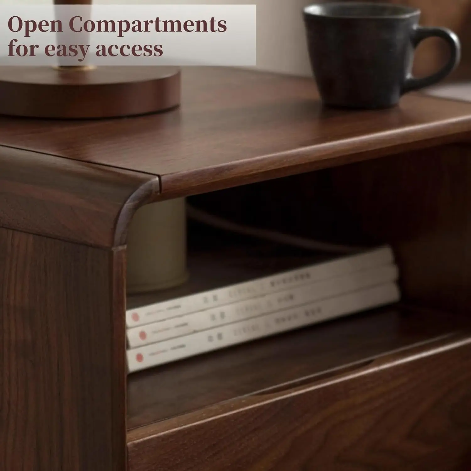 Mesita de noche 100% de madera maciza, mesita de noche de nogal con cajón y estante abierto, mesita de noche de mediados de siglo, mesitas de noche de madera