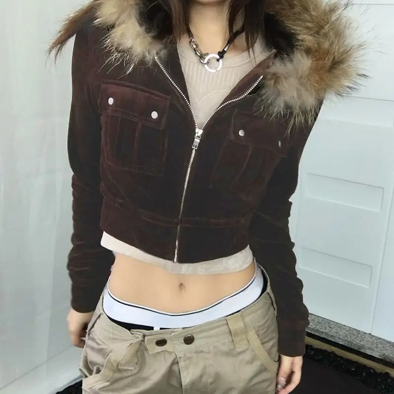 Cropped Trendy Velvet Pocket Cargo Jacket, High-waisted Skinny Hottie Fur Hooded Sweatshirt