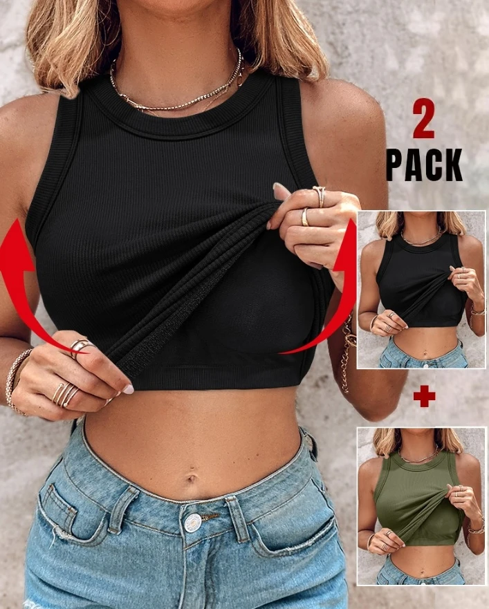 Women 2 Piece Built-in Bra Crewneck Tank Top Terry Towelling Lined Sleeveless Slim Fit Solid Color Layering Skinny Shirt Tops