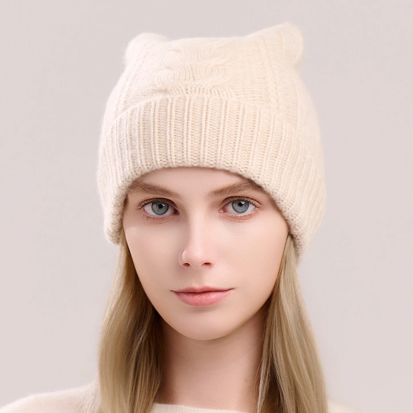 Cute Cat Ear Knitted Beanies Winter Warm 100% Cashmere Hats and Outdoor Style Cap Fashion Headwear for Women