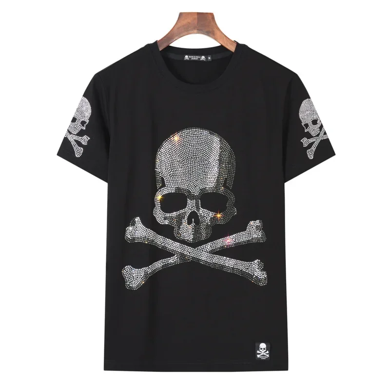 Plus Size Rhinestones Skulls T Shirt for Women Clothing Fashion Streetwear O Neck Ladies Short Sleeve Tshirts Slim Chemise Femme