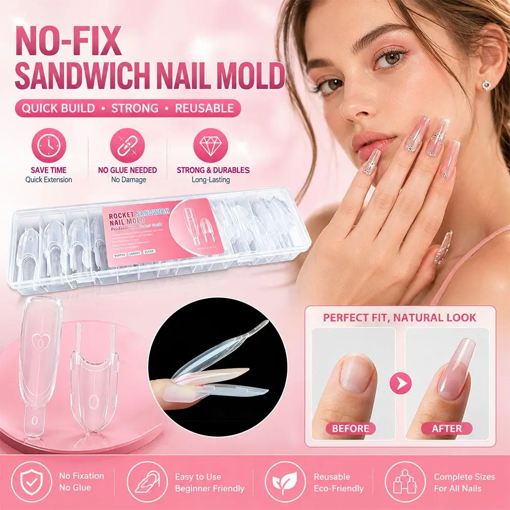 120pcs Sandwich Dual Nail Forms Rocket Shape Top Bottom Extension Mold Reusable Nail Membrane Full Cover Fake Nail Tips