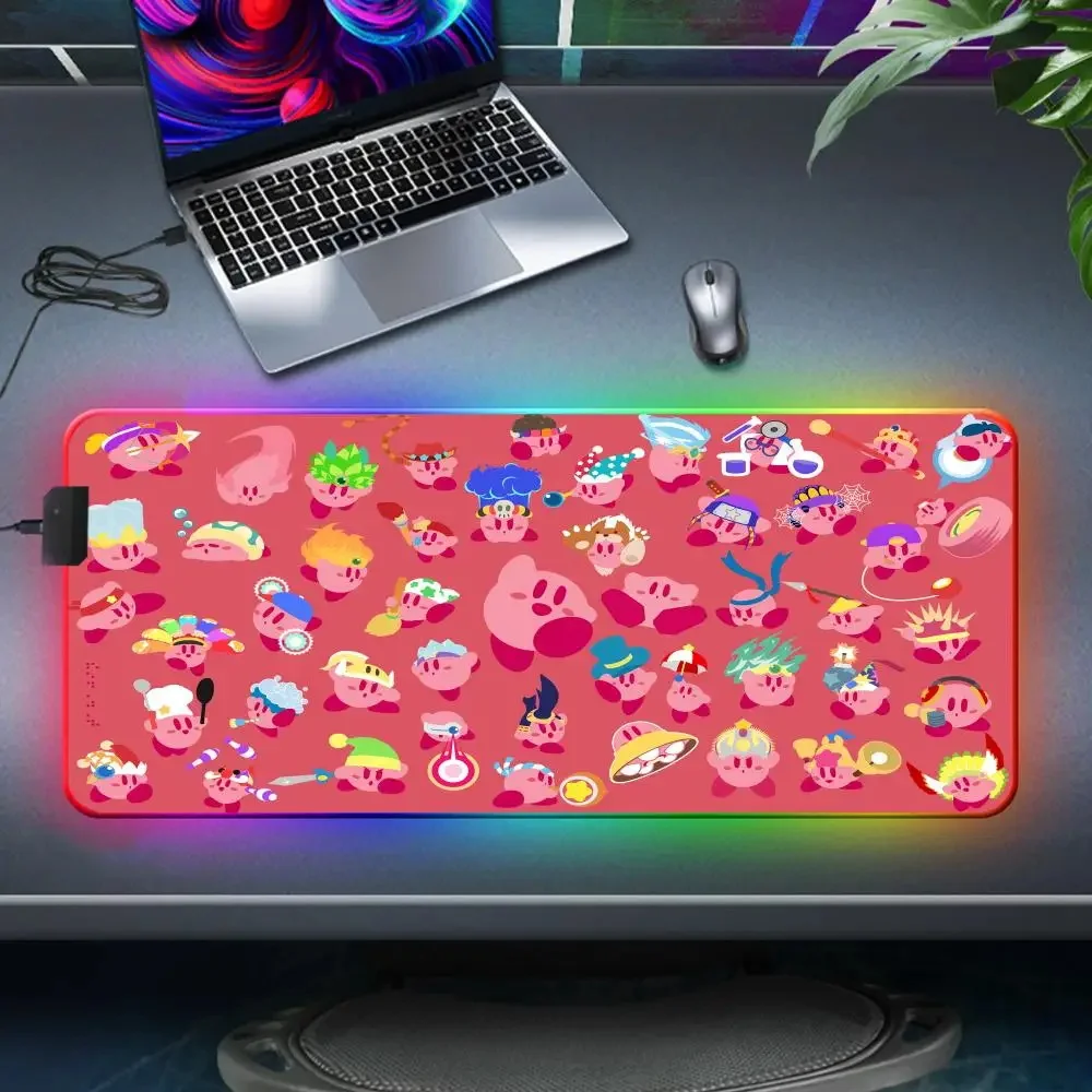 XXL Kawaii Cartoon Pink K-Kirbys Game Mat Pc Accessories Luminescence Computer Pad Mause Gaming RGB Keyboard Backlight Lock Edge