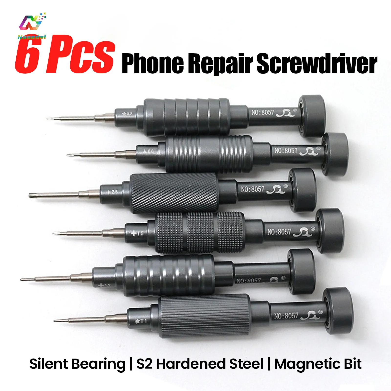 

6pcs Screwdriver Set with S2 Hardened Steel Bits Silent Bearing Aluminum Handle for Iphone Android Phone and Smart Watch Repair