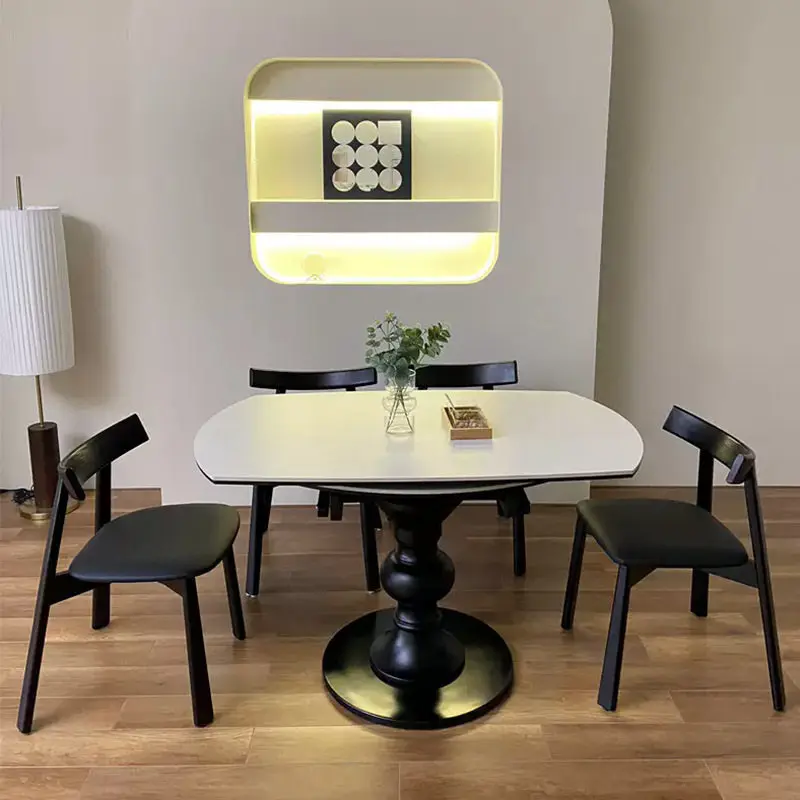 Retractable rock slab dining table and chairs square and round dual-purpose solid wood round dining table variable round table
