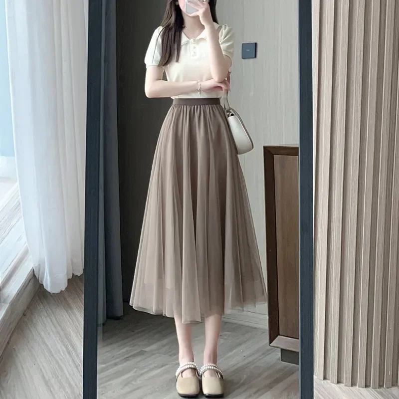 Women's Summer Pleated Mesh Skirts Solid Color Elastic High Waist A-line Skirt