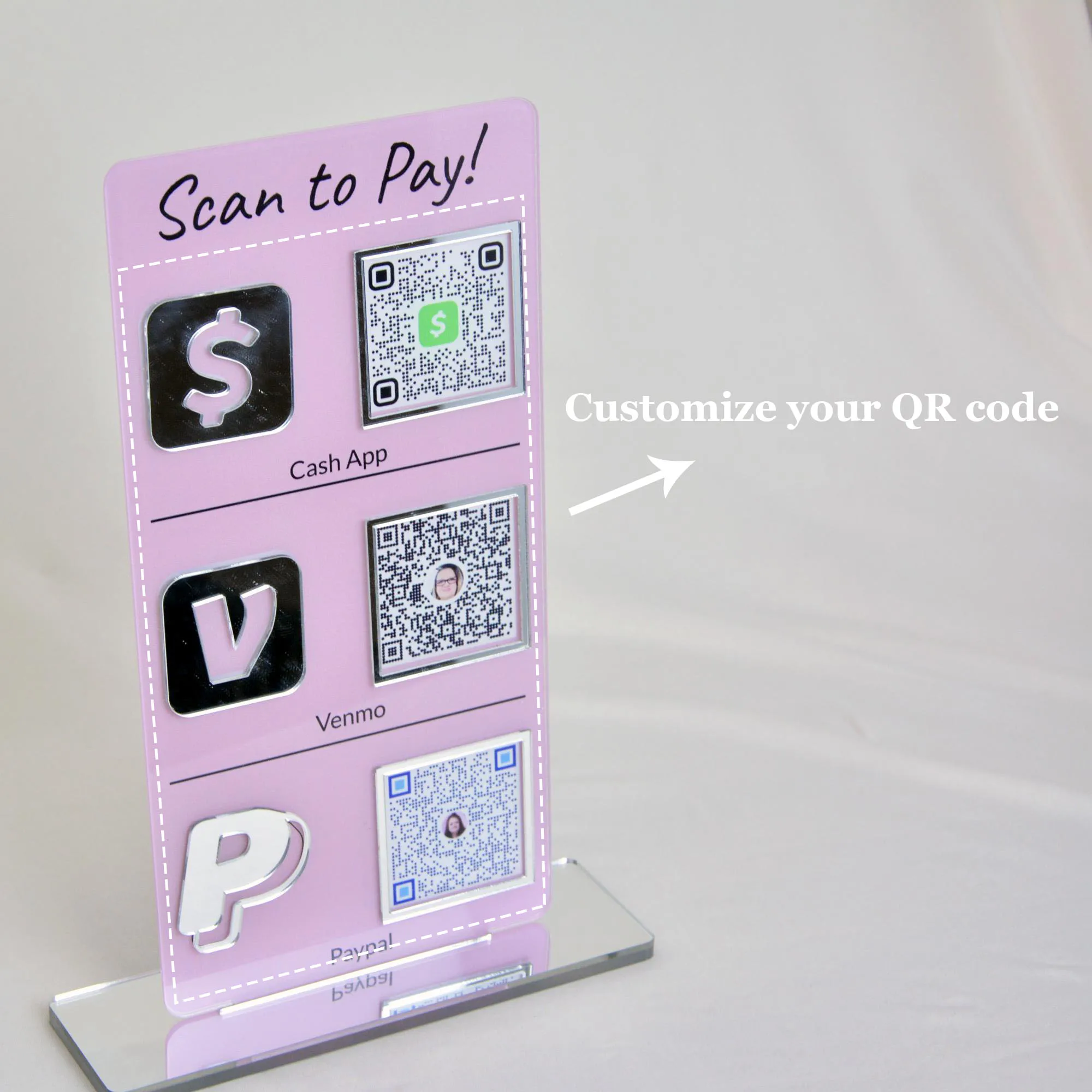 علامة QR للدفع المخصصة، حامل أكريليك مخصص لـ Venmo CashApp، مسح PayPal للدفع مقابل مكتب مطعم متجر الأعمال الصغيرة