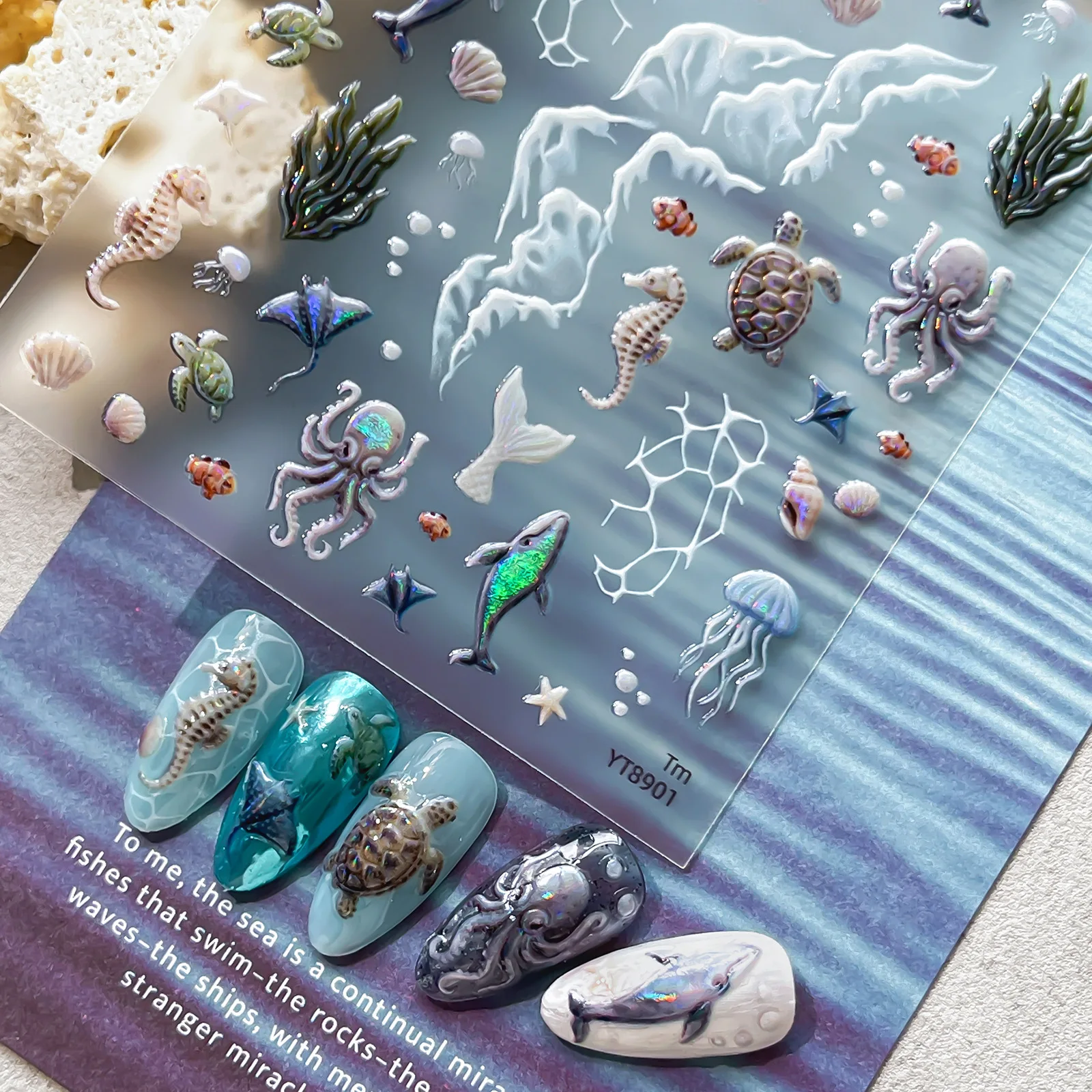 Cute Ocean Themed Nail Stickers Seahorse Jellyfish Shell Patterns Self-adhesive 3D Nail Stickers DIY Nail Art Decoration Supply