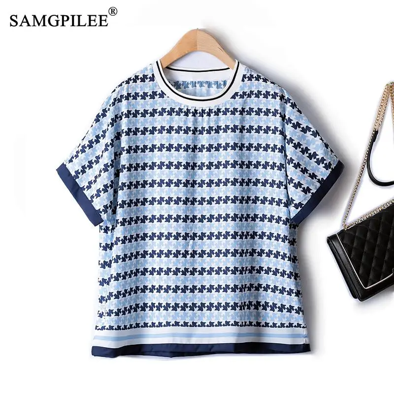 

Fashion Woman Blouses 2022 New Summer Houndstooth Raglan Sleeves Thin Chiffon Shirt Women's Stitching Kawaii Oversized T-shirt