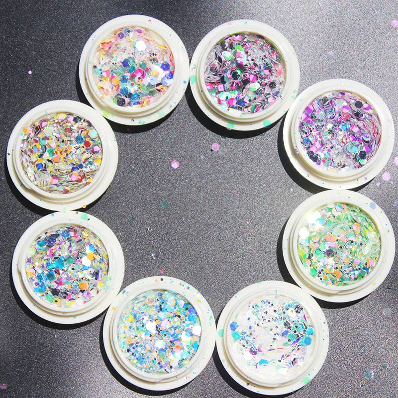 

50g/bag Mermaid Nail Art Glitter Mix Size Chunky-Hexagon Laser Sequins 8 Color Shiny Chameleon Manicure Flakes Decoration