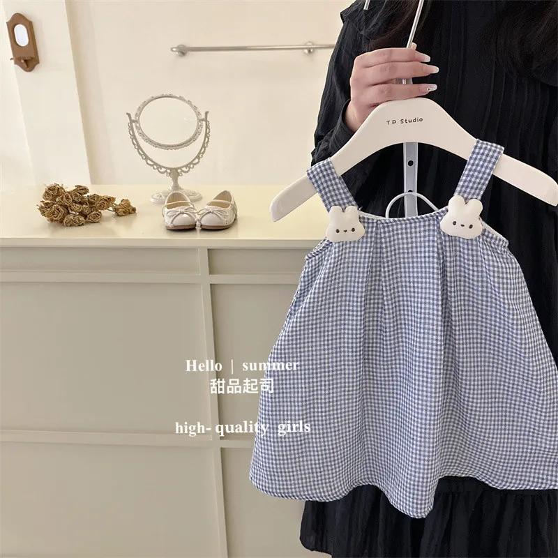 

Girls' Summer Camisole Dress Plaid Pure Cotton Bunny Vest New Item Children's Clothing