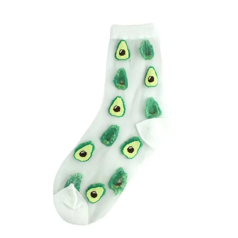 Women's Mid Length Socks, Thin Transparent Glass Fiber Cotton Bottom, Crystal Silk Socks, Spring and Summer Fruit Socks