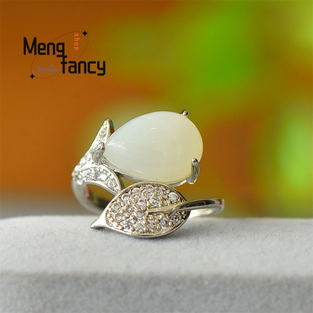 

Copper Inlay Natural Hetian White Jade Pigeon Egg Adjustable Ring Exquisite Fashion Jewelry Sexy Young Girls Couple Holiday Gift