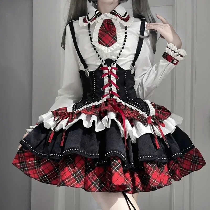 

Victorian Gothic Lolita Dress Set Women Punk Style Y2k Plaid Necktie Bandage Princess Dress Harajuku Fashion Evening Party Dress