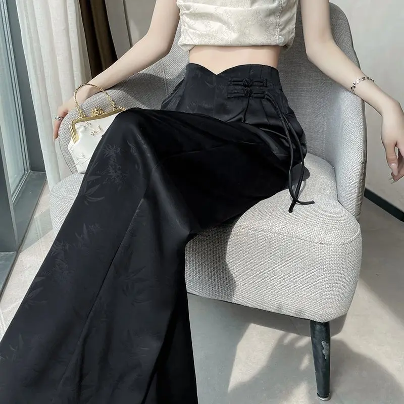 Pink New Chinese Satin Jacquard Suit Pants for Women Spring/Summer 2024 New High Waist Loose Straight Button Wide Leg Pants