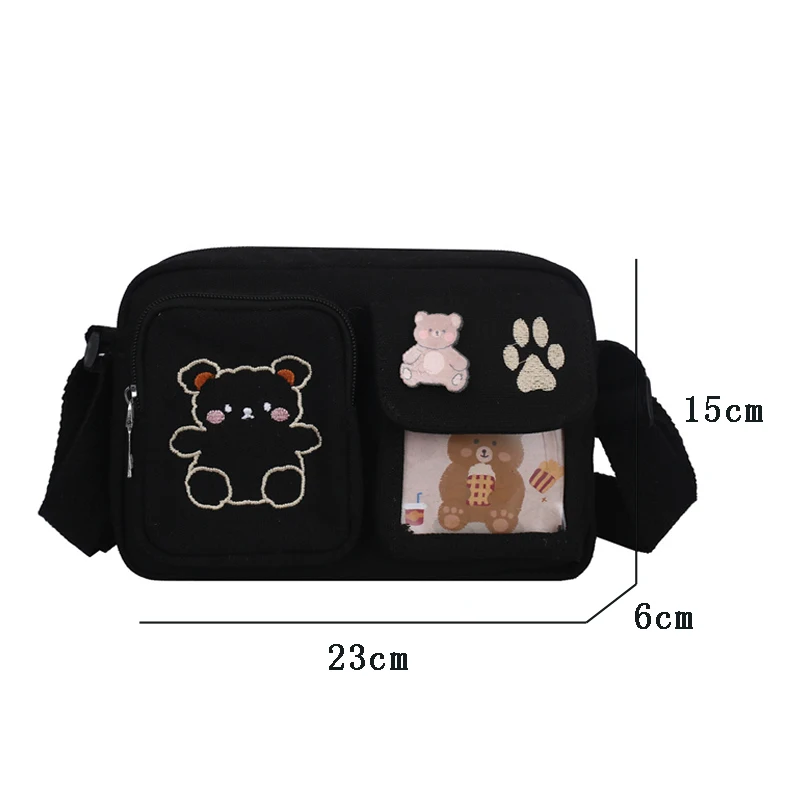 Japanese Style Girls Canvas Bag INS Women Shoulder Bag Cute Cartoon Bear Small Square Bag Student Messenger Bag