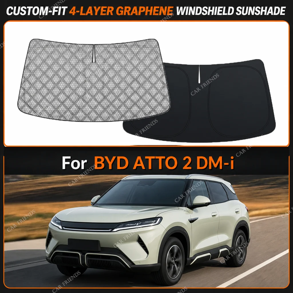 For BYD ATTO 2 DM-i Custom-Fit 4-Layer Graphene Windshield Sunshade Reflective Gray-Silver Surface Helps Reduce Direct Sunlight