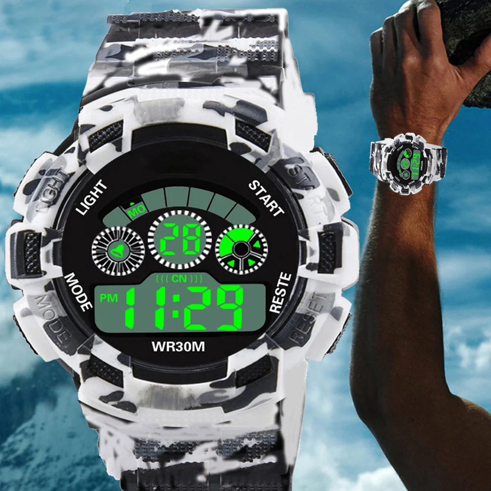 

Electronic Digital Camouflage Watch Waterproof Light Grey Alarm Countdown LED Backlight Swim Sports Men Wristwatch