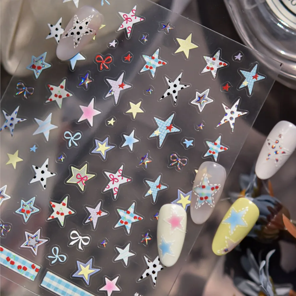 Naklejki na paznokcie 5D, błyszcząca metalowa siatka, gwiazdy, kolorowe kokardki z pięcioramienną gwiazdą, naklejki do zdobienia paznokci DIY, samoprzylepne naklejki do manicure