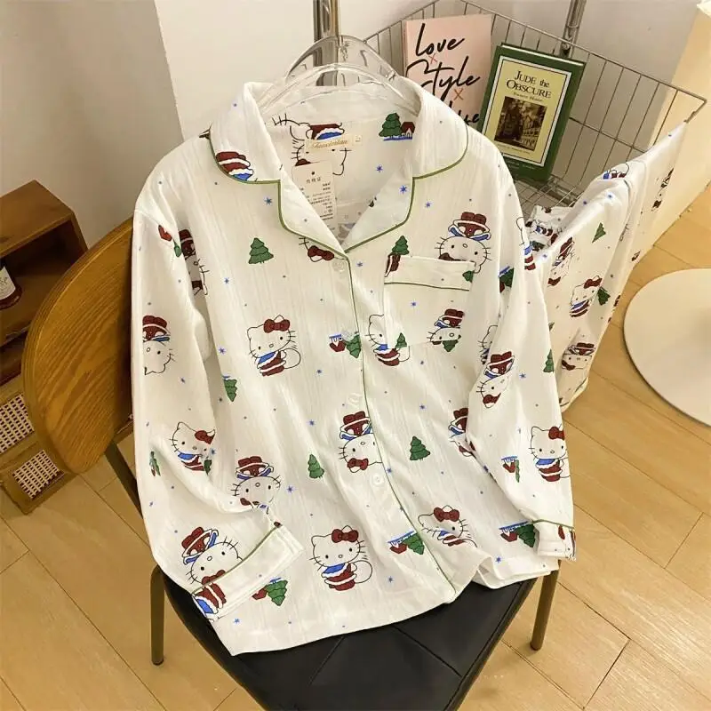 

Комплект пижамы Sanrio Hello Kitty с длинными рукавами: кардиган и брюки, хлопок, для женщин и студенток, для дома и общежития, милый, модный, можно носить на улице, ночная одежда
