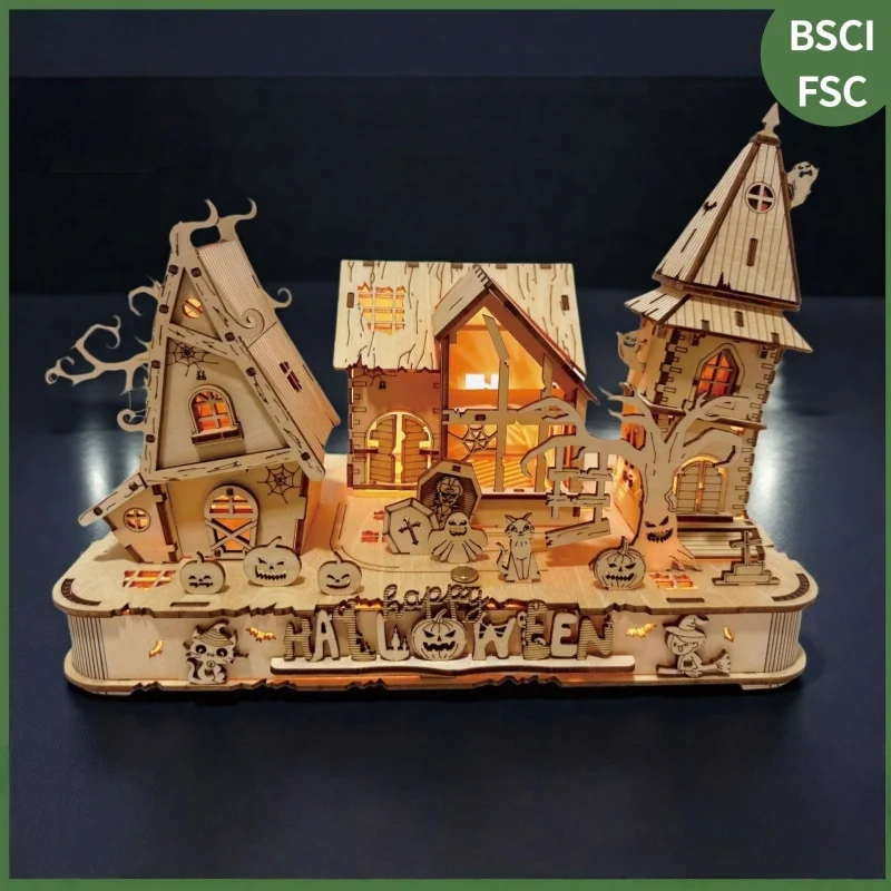 Casa assombrada de Halloween com kit DIY de quebra-cabeça de madeira 3D, decoração de mesa noturna assustadora para adultos