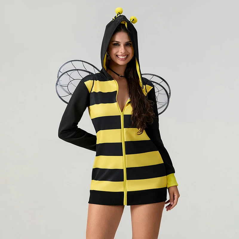 Women s Halloween Cosplay Bee Costume Bee Queen Halloween Party Cosplay Hooded Dress and Wings Set Fancy Costume