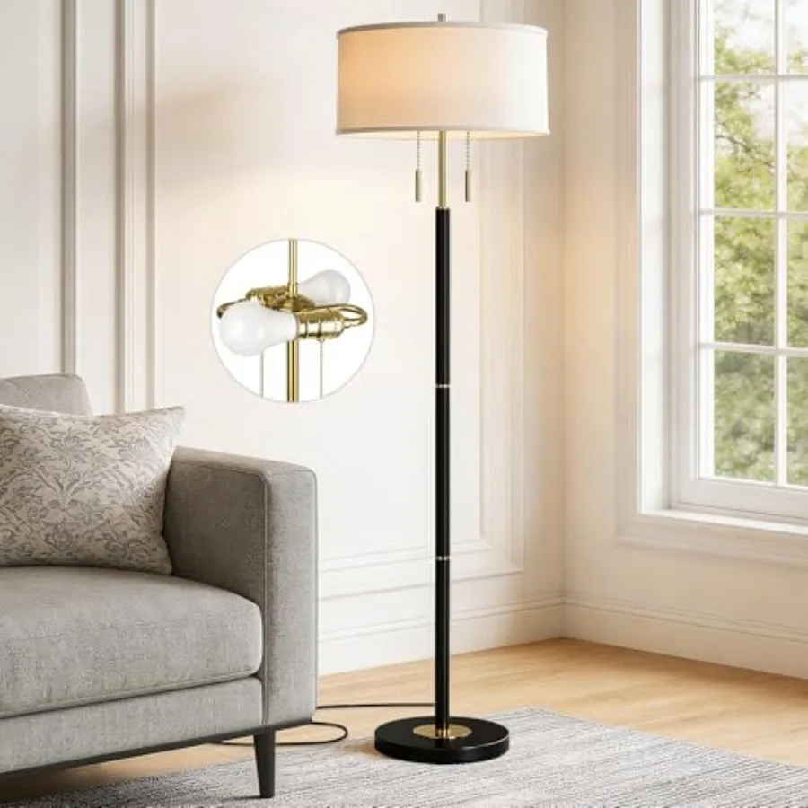 2-Light Mid Century Modern Floor Lamp, Standing Lamp with Fabric Shade and Pull Chain Switch, Tall Floor Lamp for Living Room,
