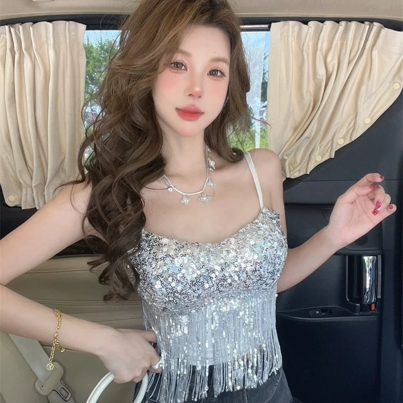 Summer New Pure Desire Glitter Tassel Splicing Strap Vest Women Slimming Integrated Chest Pad Top Cotton Blend Nylon Spandex ...