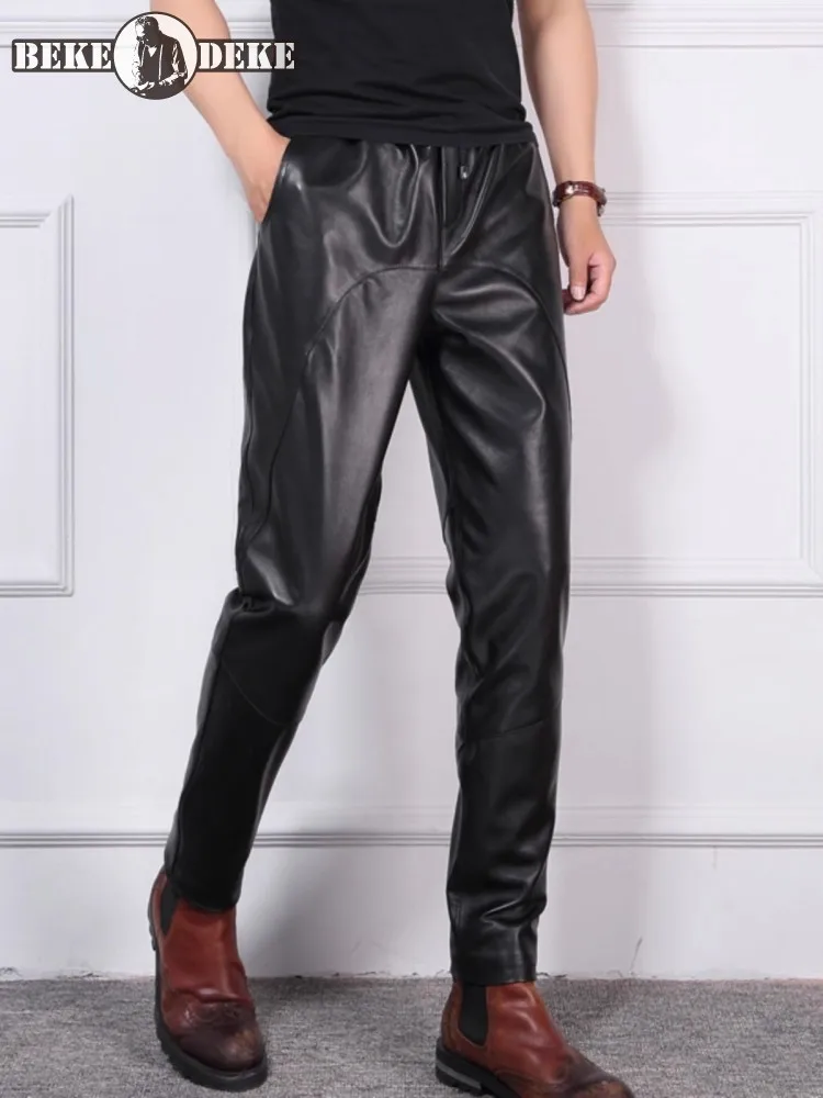 Pantalones de moto de cuero genuino para hombre, pantalones ajustados Punk para primavera y otoño, pantalones pitillo de piel de oveja negra con cintura elástica de calle alta