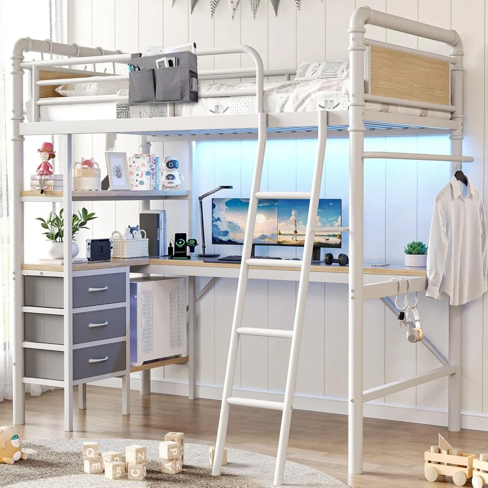 

Industrial Style Twin Loft Bed with L-Shaped Desk, LED Lighting, Charging Station, and 3 Storage Shelves