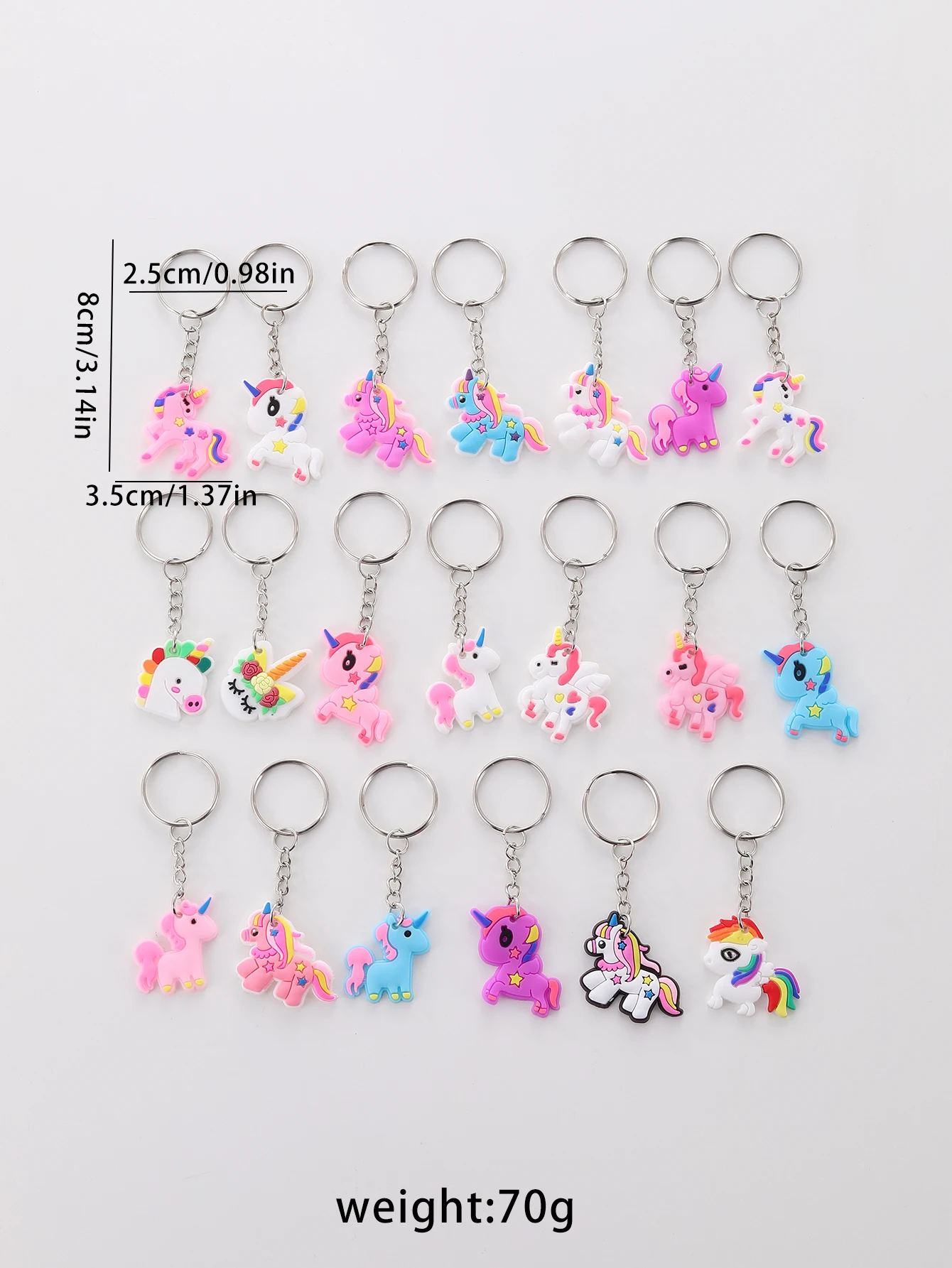 20 pçs unicórnio chaveiro, dos desenhos animados pvc animal chaveiro ornamento carteira saco mochila pingente acessórios festa favores presente