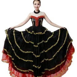 New Women Flamenco Dress Gypsy Girls Dancing Costume Spanish Bullfight Lace Big Swing Flower Dress Satin Belly Stage Performance