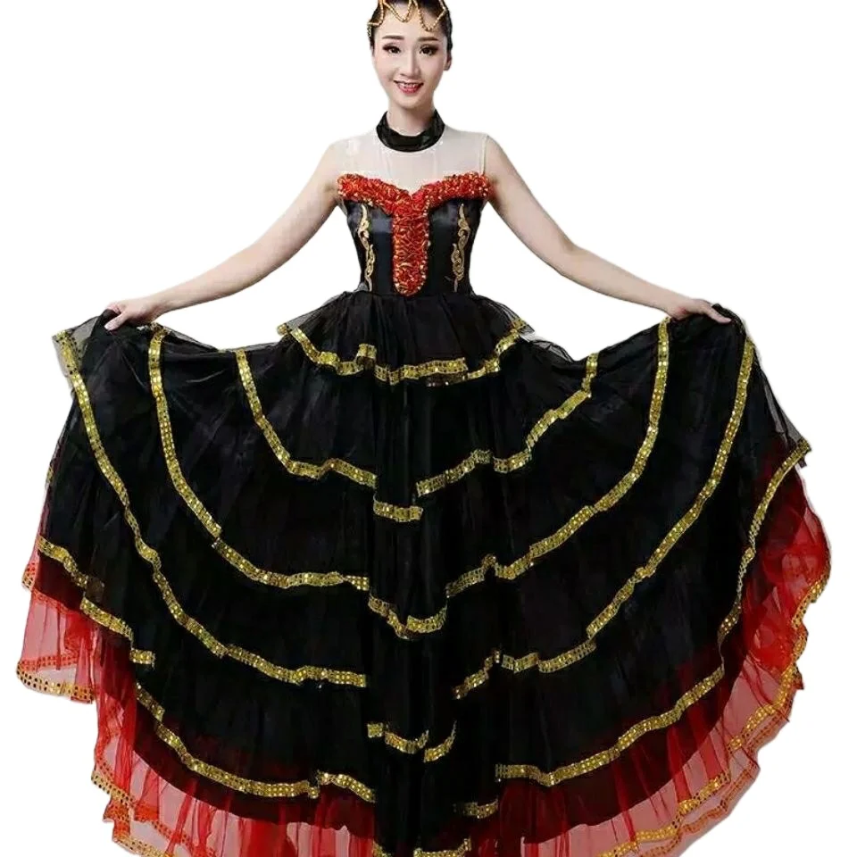 Nowa damska sukienka Flamenco cygańska strój do tańca hiszpańska walka byków koronkowa duża huśtawka sukienka w kwiaty satynowa występ na scenie na brzuch