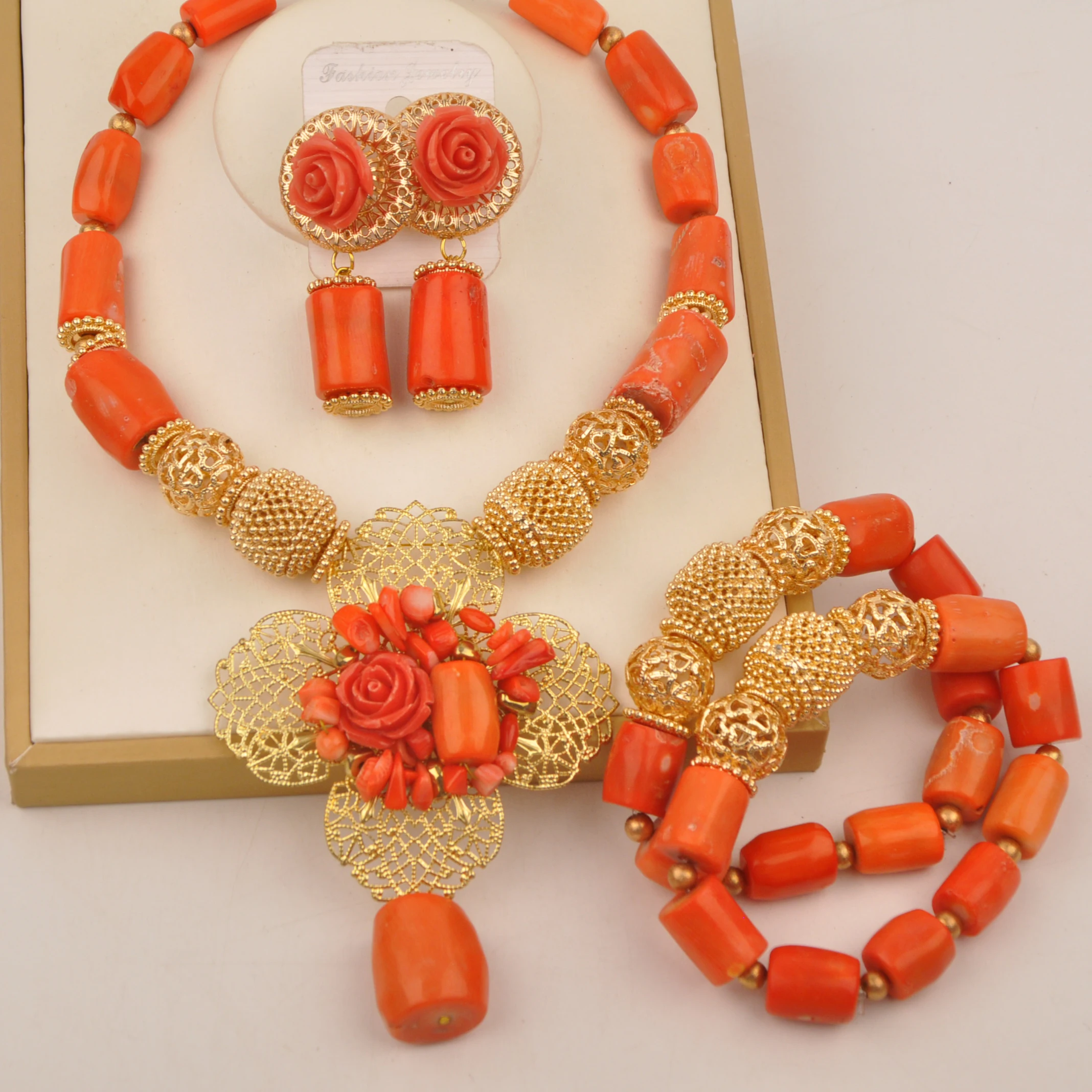 Orange Nigerian Bride Wedding Necklace African Beads Jewelry Set