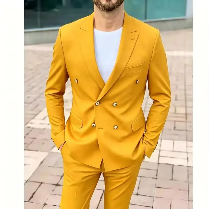 Fashion Peak Lapel Suits for Men 2 Piece Sets Double Breasted Classic Male Suit Slim Business Casual Groom Wedding Formal Tuxedo