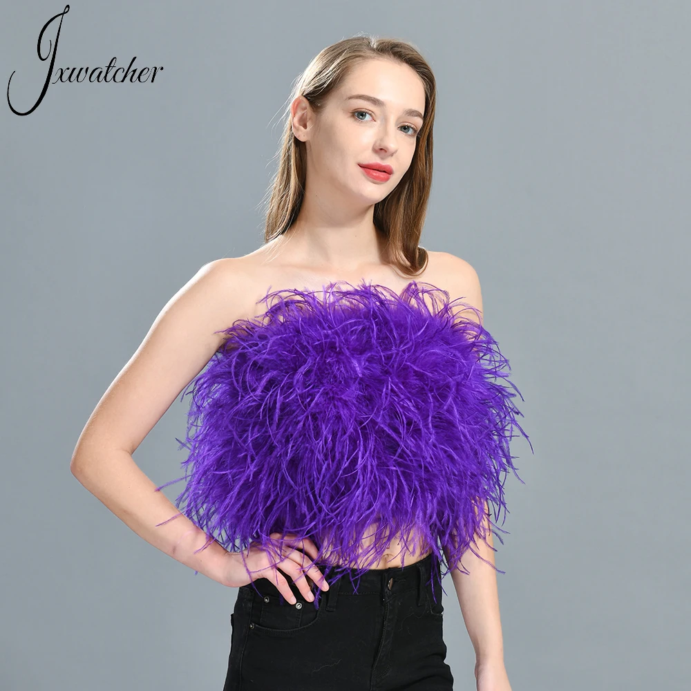 

Jxwatcher 100% Natural Ostrich Feather Bra Women's Wedding Underwear Lady Sexy Party Fur Coat Length 30 cm Long Hair Feather Top