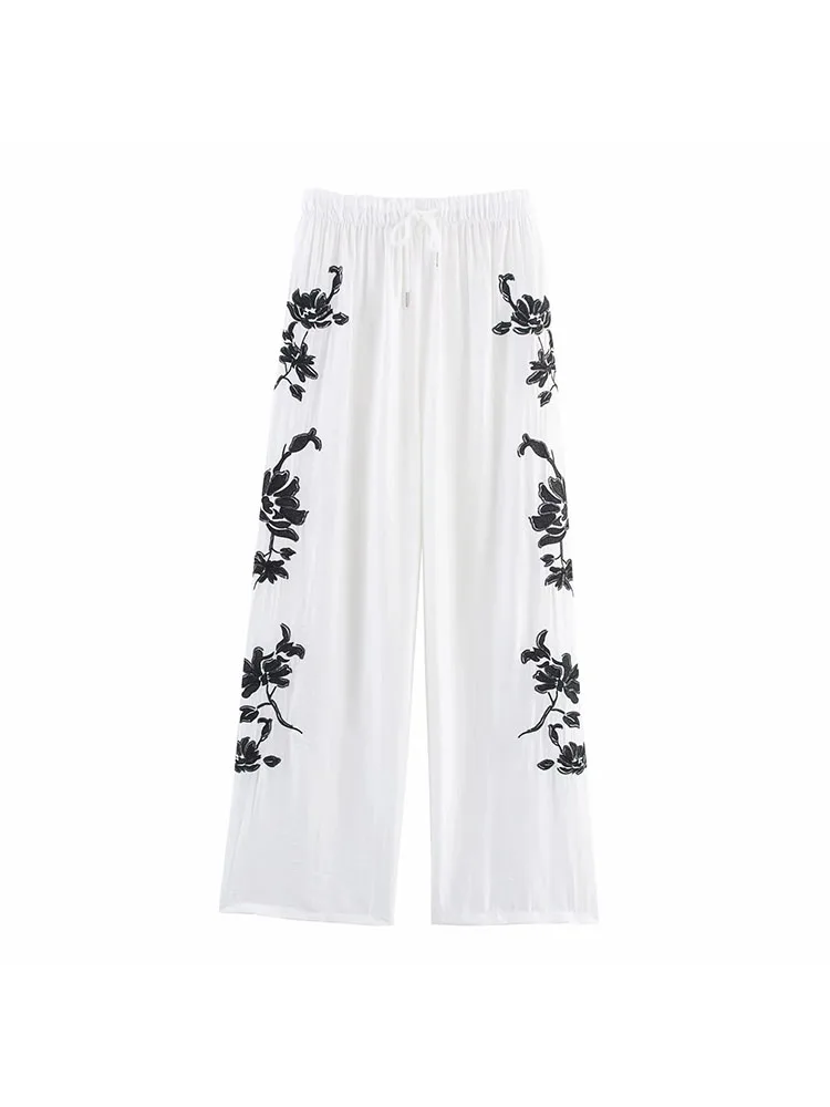 Vrouw Casual Chic Borduren Effen Pak V-hals Korte Mouw Blouse Losse Rechte Broek Mode 2025, Zomervakantie Pakken