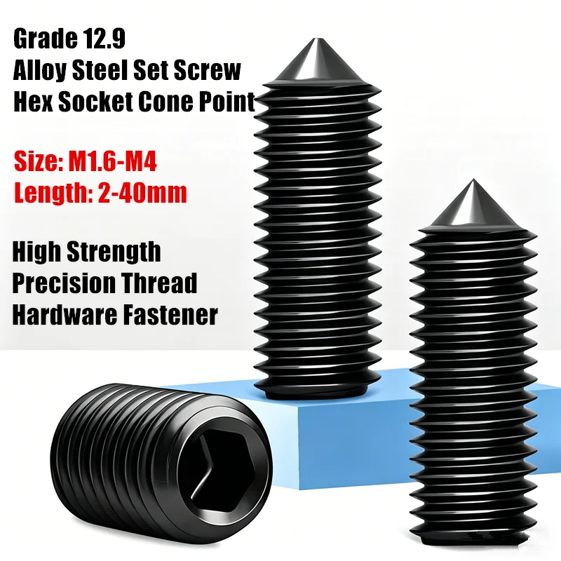 12.9 High Strength Alloy Steel Set Screw M1.6 M2 M2.5 M3 M4 Hex Socket Cone Point Screw 2-40mm Length for Hardware Fastener
