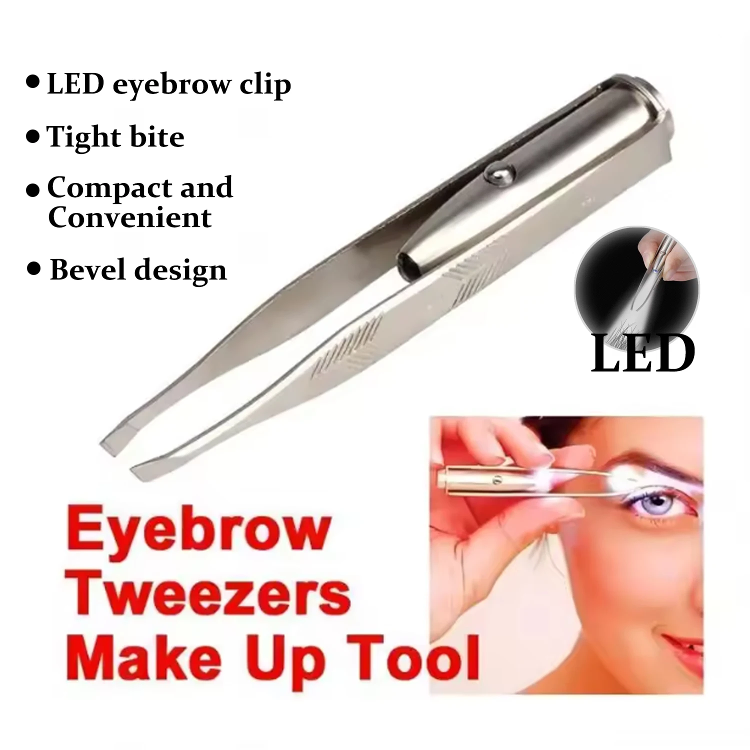 LED 조명 메이크업 도구가 포함된 휴대용 스테인레스 스틸 스마트 디자인 눈썹 제모 핀셋 1개