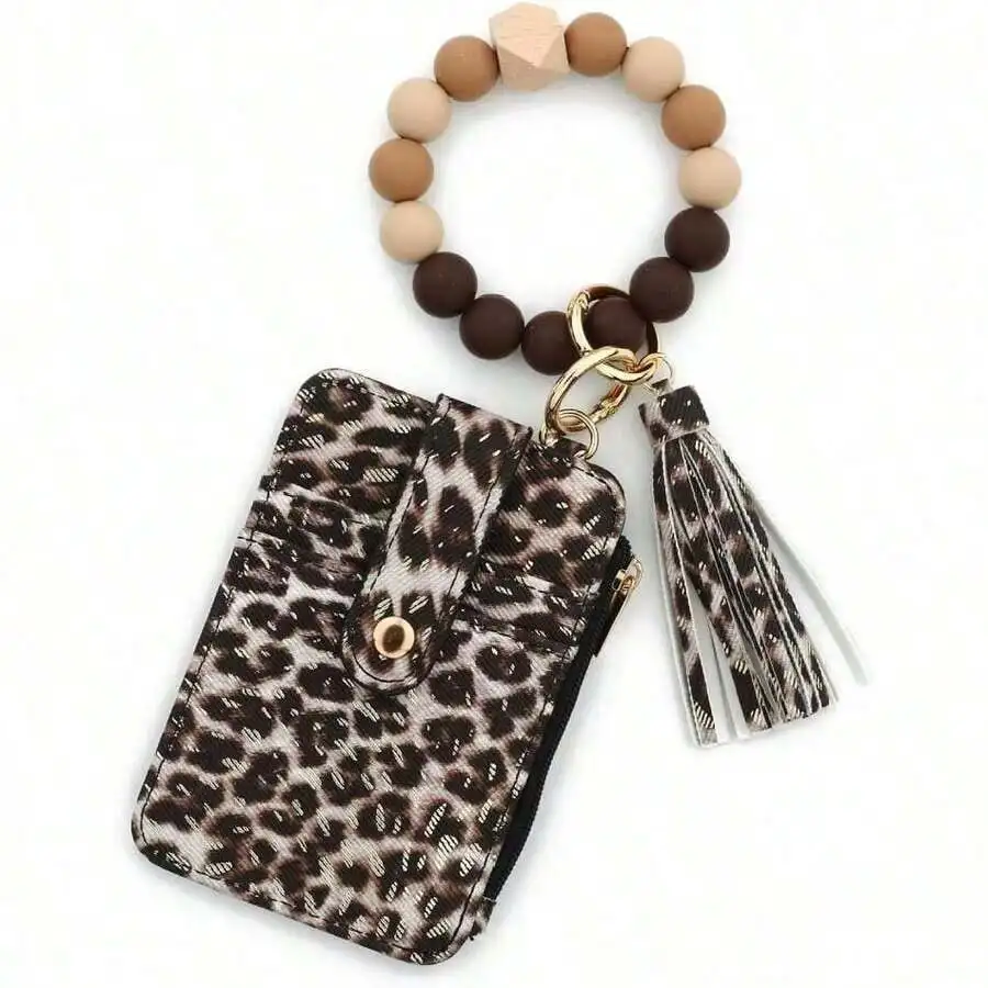 

Leopard Print Mini Wrist Wallet With Wooden Bead Strap And Tassel Charm For Women Card Holder Keychain Accessory