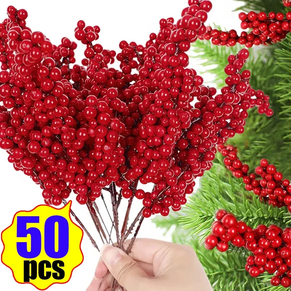 50/1PCS คริสต์มาส Red Berry สาขาจําลอง Red Berries DIY Xmas Tree พวงหรีดของขวัญตกแต่ง Party หน้าแรกตารางเครื่องประดับ