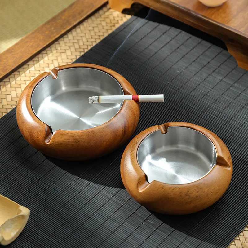 Walnut Wood Ashtray Living Room Desktop Ashtrays Portable Stainless Steel Cigarettes Accessories Decorative Gift for Boyfriends