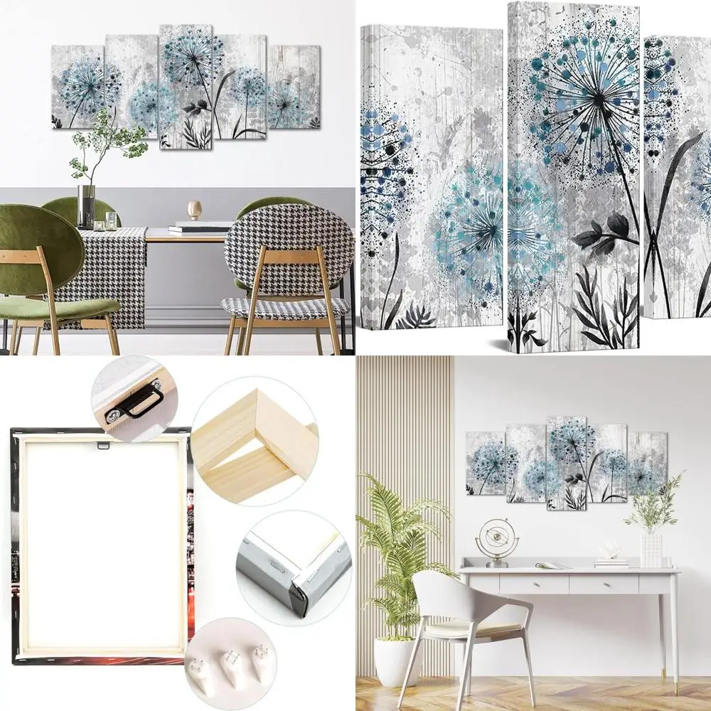 

Blue and Grey Dandelion Floral Canvas Wall Art, Framed for Farmhouse Home Office Decor, Ready to Hang