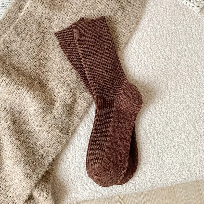 Winter Cashmere Wool Woman Socks Solid Cream Color Retro Long Socks Women Girls Thermal Crew Sock Calcetines Mujer Socks Women