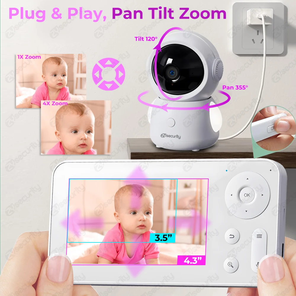 Imagem -03 - Duas Câmeras Wi-fi Monitor de Bebe Tela Dividida Telefone do Bebê Via Controle de App e Tela Ips de 43 Movimento Detectado Rastreamento Automático Ptz Câmera de Bebê Suporte Alexa e Google Assistente 2k mp